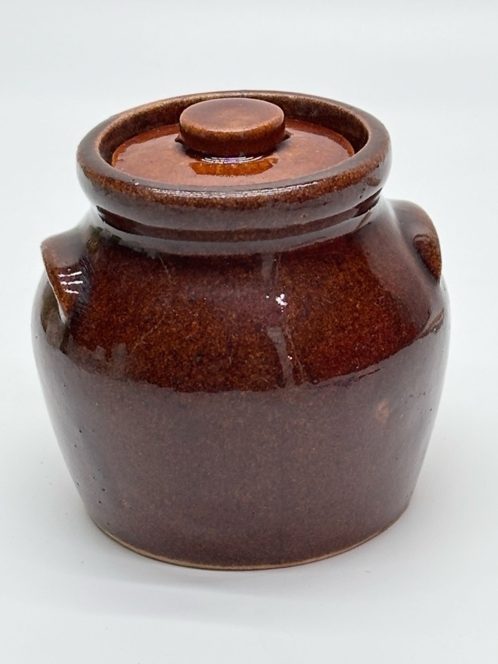 Roycroft vintage small stoneware bean pot brown drip